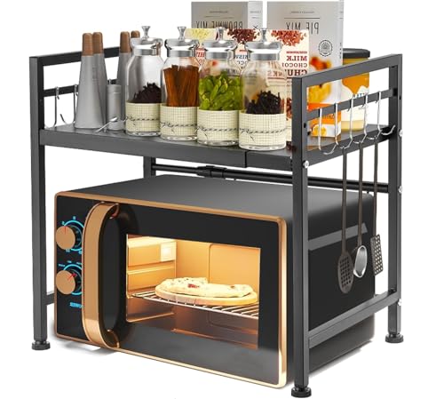 Henmeili Mikrowellenregal, ausziehbar 40 – 65 cm, verstellbar, 2 Ebenen für die Mikrowelle, aus Karbonstahl, Zähler, Küche, Organizer, Regale, Aufbewahrung, 6 Haken, schwere Belastung 60 lbs (schwarz) Henmeili Mikrowellenregal, ausziehbar 40 – 65 cm, verstellbar, 2 Ebenen für die Mikrowelle, aus Karbonstahl, Zähler, Küche, Organizer, Regale, Aufbewahrung, 6 Haken, schwere Belastung 60 lbs (schwarz) von Henmeili