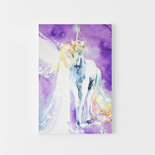 Engel Bild mit Einhorn: "Vereinte Magie" Wandbilder in Lila Weiß mit Engel, Magisch, mystische Bilder Wanddeko (80x120cm) von Henriettes-ART
