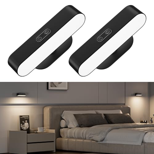 Hensam Akku Wandleuchte Innen, Kabellose LED-Wandleuchte für Schlafzimmer, Wandlampe USB Aufladbar für Bilder, 5 Modi Dimmbare Wandlampen für Wohnzimmer, Schwarz, 2 Stücke von Hensam