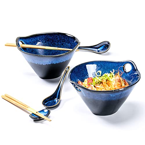 Japanische Ramenschale, Küche Müslischalen für 2 Personen, Ramen Schüssel Set mit Löffel und Essstäbchen für Asiatische Nudeln und Udon, Soba - Blau, 900ml von Henten Home