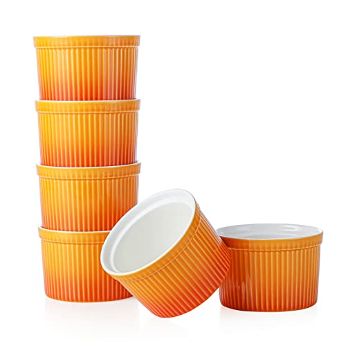 240ml Soufflé Förmchen Porzellan, Henten Home 6er Set Auflaufform zum Backen, Pudding, Crème Brûlée, Puddingbecher, Dip zum Servieren (240ml,Tropische Orange) von Henten Home