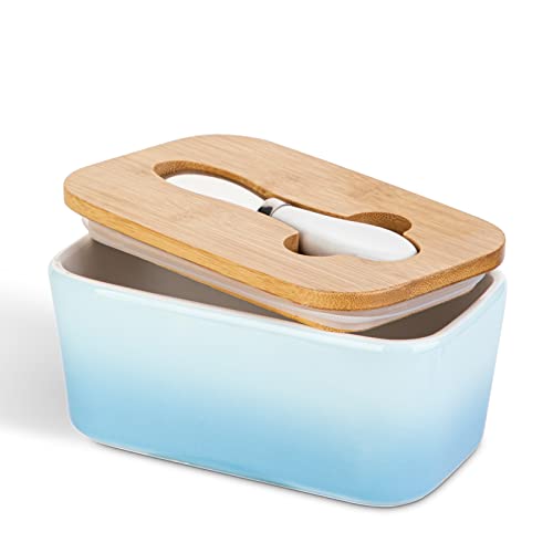 Butterdose Porzellan, Henten Home Butterschale mit Deckel und Buttermesser, Keramik Butterdose mit Silikon-Dichtlippe für Alle Arten von Butter (Himmel Blau) von Henten Home