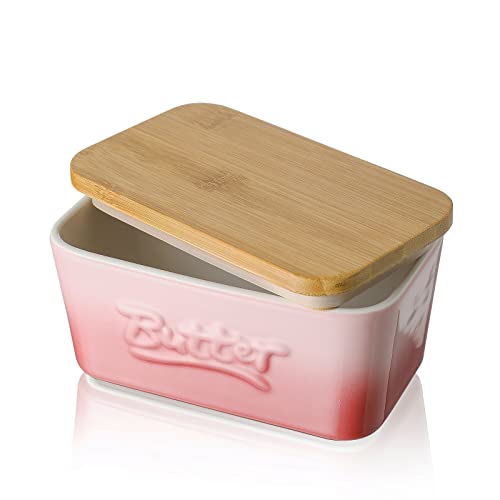 Butterdose Porzellan, Henten Home Butterschale mit Holzdeckel, Keramik Butterhalter für Butteraufbewahrung und Heimküchendekoration. (Sakura Rosa) von Henten Home