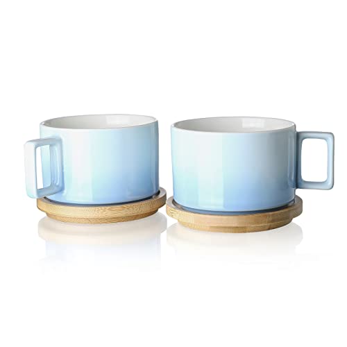 Henten Home Keramik Kaffee Tassen Set (310ml) mit Hölzerne Untertassen, Kaffeetassen Set für Cappuccino, Latte, Espresso, Americano, Mokka, Tee (Himmel Blau von Henten Home