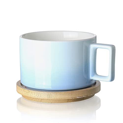 Henten Home Keramik Kaffee Tassen Set (310ml) mit Hölzerne Untertassen, Kaffeetassen Set für Cappuccino, Latte, Espresso, Americano, Mokka, Tee (Himmel Blau von Henten Home