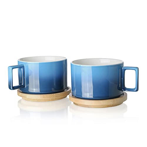 Henten Home Keramik Kaffee Tassen Set (310ml) mit Hölzerne Untertassen, Kaffeetassen Set für Cappuccino, Latte, Espresso, Americano, Mokka, Tee (Marine Blau von Henten Home
