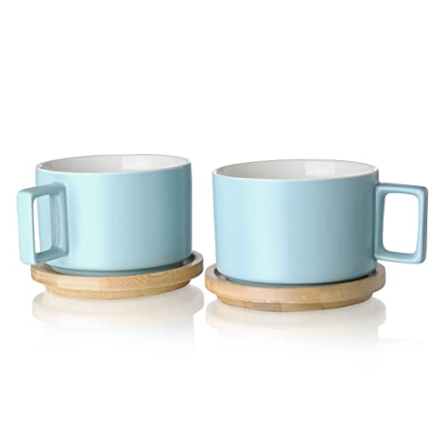 Henten Home Keramik Kaffee Tassen Set (310ml) mit Hölzerne Untertassen, Kaffeetassen Set für Cappuccino, Latte, Espresso, Americano, Mokka, Tee (Matt Blau von Henten Home