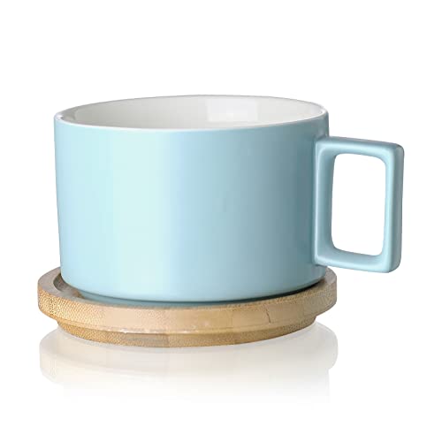 Henten Home Keramik Kaffee Tassen Set (310ml) mit Hölzerne Untertassen, Kaffeetassen Set für Cappuccino, Latte, Espresso, Americano, Mokka, Tee (Matt Blau von Henten Home