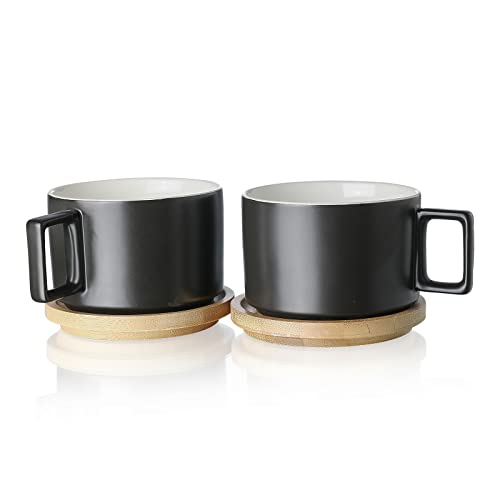 Henten Home Keramik Kaffee Tassen Set (310ml) mit Hölzerne Untertassen, Kaffeetassen Set für Cappuccino, Latte, Espresso, Americano, Mokka, Tee (Matt Schwarz von Henten Home