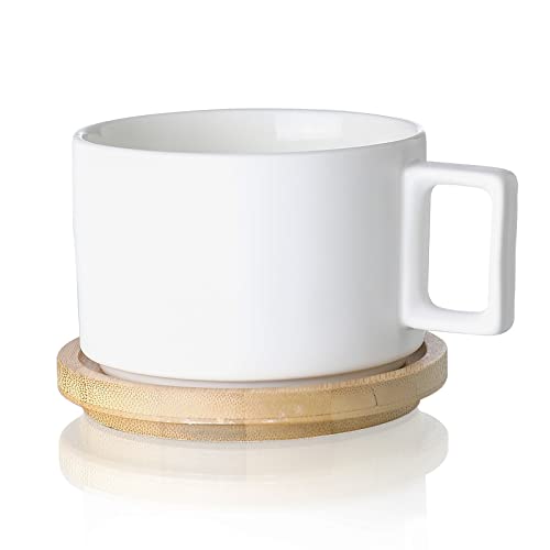 Henten Home Keramik Kaffee Tassen Set (310ml) mit Hölzerne Untertassen, Kaffeetassen Set für Cappuccino, Latte, Espresso, Americano, Mokka, Tee (Matt Weiß von Henten Home