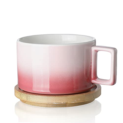 Henten Home Keramik Kaffee Tassen Set (310ml) mit Hölzerne Untertassen, Kaffeetassen Set für Cappuccino, Latte, Espresso, Americano, Mokka, Tee (Sakura Rosa von Henten Home