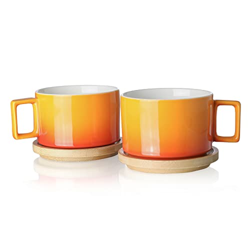 Henten Home Keramik Kaffee Tassen Set (310ml) mit Hölzerne Untertassen, Kaffeetassen Set für Cappuccino, Latte, Espresso, Americano, Mokka, Tee (Tropische Orange von Henten Home