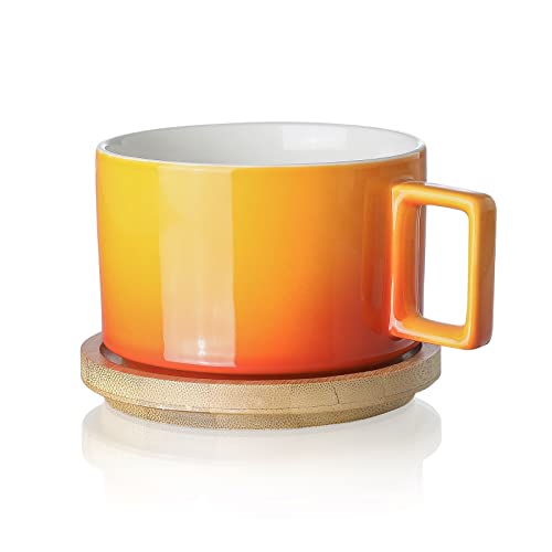 Henten Home Keramik Kaffee Tassen Set (310ml) mit Hölzerne Untertassen, Kaffeetassen Set für Cappuccino, Latte, Espresso, Americano, Mokka, Tee (Tropische Orange von Henten Home