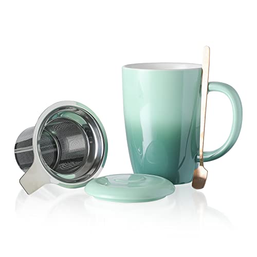 Henten Home Keramik Teetasse mit Sieb, Deckel und Löffel, 385ml, Groß Teebecher für Tee, Kaffee, Milch-Mikrowellen- und Spülmaschinenfest (385ml, Avocado Grün) von Henten Home