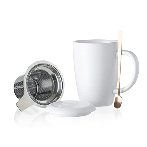 Henten Home Keramik Teetasse mit Sieb, Deckel und Löffel, 385ml, Groß Teebecher für Tee, Kaffee, Milch-Mikrowellen- und Spülmaschinenfest (385ml, Matt Weiß) von Henten Home
