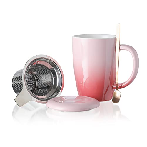 Henten Home Keramik Teetasse mit Sieb, Deckel und Löffel, 385ml, Groß Teebecher für Tee, Kaffee, Milch-Mikrowellen- und Spülmaschinenfest (385ml, Sakura Rosa) von Henten Home
