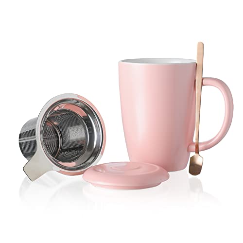 Henten Home Keramik Teetasse mit Sieb, Deckel und Löffel, 385ml, Groß Teebecher für Tee, Kaffee, Milch-Mikrowellen- und Spülmaschinenfest (385ml,Matt Rosa) von Henten Home