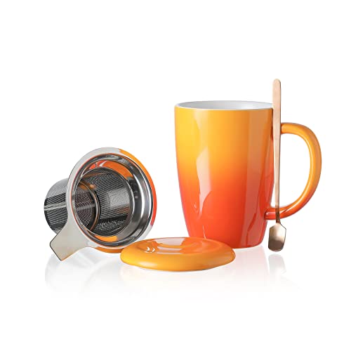 Henten Home Keramik Teetasse mit Sieb, Deckel und Löffel, 385ml, Groß Teebecher für Tee, Kaffee, Milch-Mikrowellen- und Spülmaschinenfest (385ml,Tropische Orange) von Henten Home