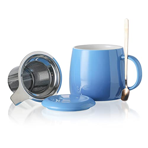 Henten Home Keramik Teetasse mit Sieb, Deckel und Löffel, 450ml, Groß Teebecher für Tee, Kaffee, Milch-Mikrowellen- und Spülmaschinenfest (450ml, Marine Blau) von Henten Home