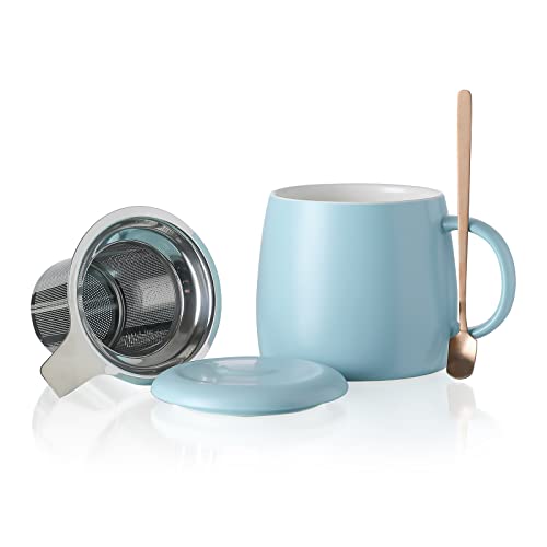 Henten Home Keramik Teetasse mit Sieb, Deckel und Löffel, 450ml, Groß Teebecher für Tee, Kaffee, Milch-Mikrowellen- und Spülmaschinenfest (450ml,Matt Blau) von Henten Home