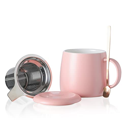 Henten Home Keramik Teetasse mit Sieb, Deckel und Löffel, 450ml, Groß Teebecher für Tee, Kaffee, Milch-Mikrowellen- und Spülmaschinenfest (450ml,Matt Rosa) von Henten Home