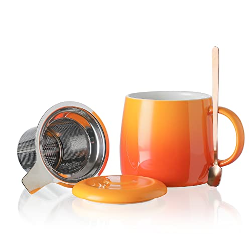 Henten Home Keramik Teetasse mit Sieb, Deckel und Löffel, 450ml, Groß Teebecher für Tee, Kaffee, Milch-Mikrowellen- und Spülmaschinenfest (450ml,Tropische Orange) von Henten Home