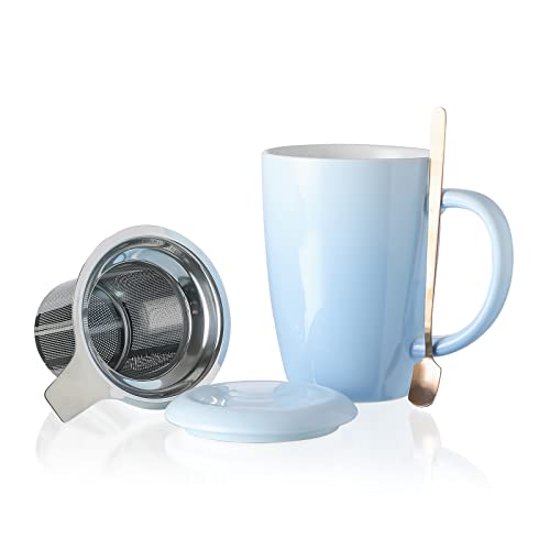 Keramik Teetasse mit Sieb, Deckel und Löffel, 385ml, Henten Home Groß Teebecher für Tee, Kaffee, Milch-Mikrowellen- und Spülmaschinenfest (385ml, Himmel Blau) von Henten Home