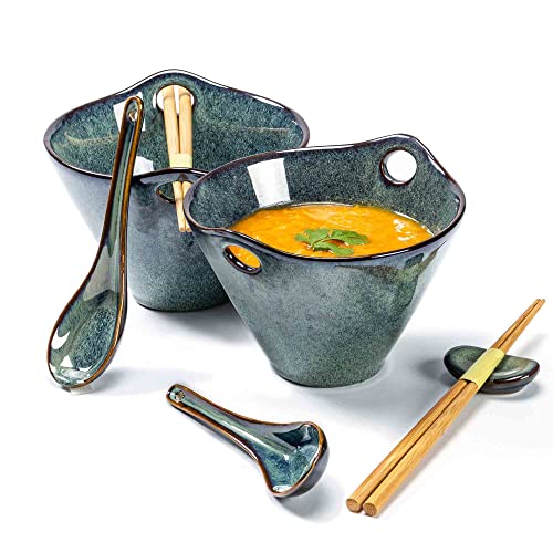 Ramen Schüssel Keramik, Set Ramen Suppenschalen inklusive Essstäbchen und Löffel, Grün Bowl Keramik Set für 2 Personen – Für Suppe, Ramen und Sushi Bowl - 600ml von Henten Home