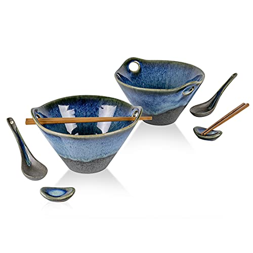 Ramen Schüssel Keramik Japanisch, Set Ramen Bowl mit Essstäbchen, Löffel und Löffelruhe für 2 Personen, Asiatisches Geschirr für Spülmaschine und Mikrowelle - 900ml von Henten Home