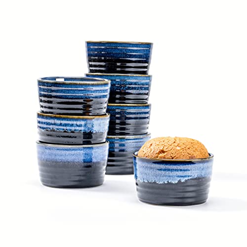 Schälchen Keramik, 8er Creme Brulee Souffle Förmchen Set, Souffléförmchen Backofenfest - Reaktive Glasur Blau, Schüssel für Muffins Souffles für Ofenfest Mikrowelle - 240ml von Henten Home