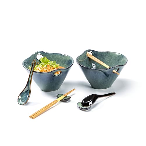 Set Ramen Bowl mit Essstäbchen, Ramen Schüssel Keramik Japanisch, Löffel und Löffelruhe für 2 Personen, Asiatisches Geschirr für Spülmaschine und Mikrowelle von Henten Home