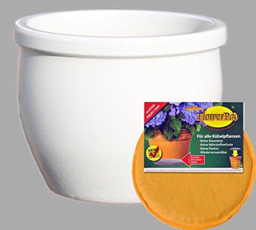 Hentschke Keramik Spar Set: Pflanzkübel + FlowerPad Ø 35 x 29 cm, weiß, 076.035.04 Blumenkübel für Draußen + Innen - Made in Germany von Hentschke Keramik