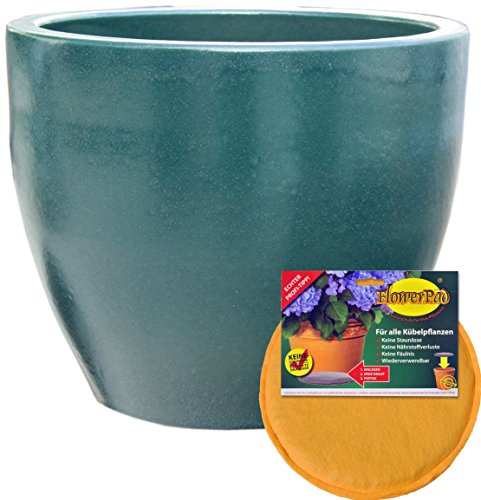 Hentschke Keramik Spar Set: Pflanzkübel + FlowerPad Ø 40 x 32 cm, Effekt grün, 122.040.66 Blumenkübel für Draußen + Innen - Made in Germany von Hentschke Keramik