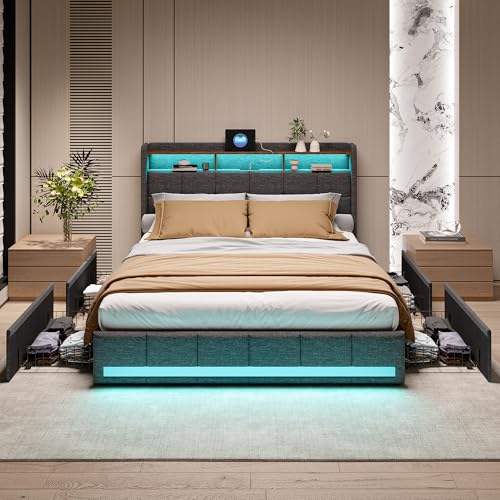 Doppelbett Polsterbett 140 x 200, Bett mit 4 Stauraum Schubladen, Stauraumbett mit LED Kopfteil und USB Ladefunktion, Jugendbett Rückenlehne Betten mit Lattenrost, Bettgestell mit Metallrahmen von Henunem