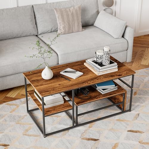 Henunem Couchtisch Quadrat 2er Set, Moderne Nesting Kaffeetisch Beistelltisch Wohnzimmertisch, Beistelltisch Marmor Optik mit Metallrahmen und Ablage, für Schlafzimmer Balkon (Schwarz-083) von Henunem