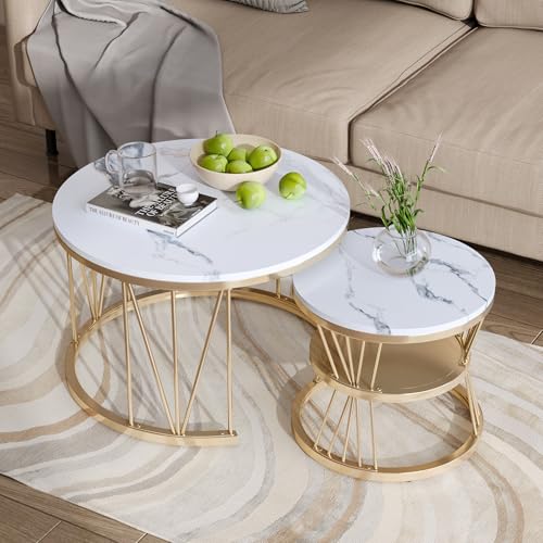 Henunem Couchtisch Rund 2er Set, Marmoriert Couchtisch, Sofa Tisch,Beistelltisch mit Metallrahmen,Moderne Kaffeetische Satztische für Wohnzimmer Schlafzimmer (Golden-021) von Henunem