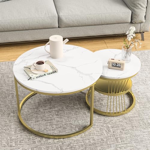 Henunem Couchtisch Rund 2er Set, Marmoriert Couchtisch, Sofa Tisch,Beistelltisch mit Metallrahmen,Moderne Kaffeetische Satztische für Wohnzimmer Schlafzimmer (Golden-79-FH) von Henunem