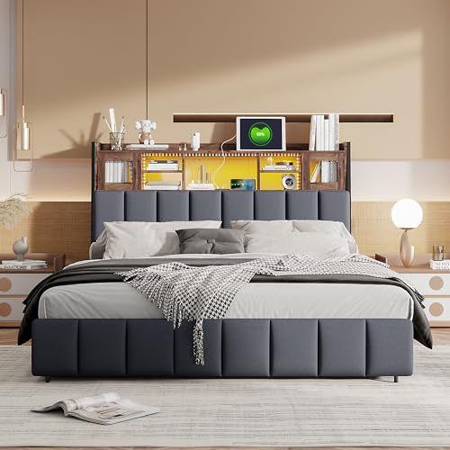 Henunem Doppelbett 160x200 cm, Polsterbett mit LED Kopfteil und USB Ladefunktion, Stauraumbett mit 4 Schubladen, Bettgestell mit Lattenrost und Stauraum, ohne Matratze Henunem Doppelbett 160x200 cm, Polsterbett mit LED Kopfteil und USB Ladefunktion, Stauraumbett mit 4 Schubladen, Bettgestell mit Lattenrost und Stauraum, ohne Matratze von Henunem
