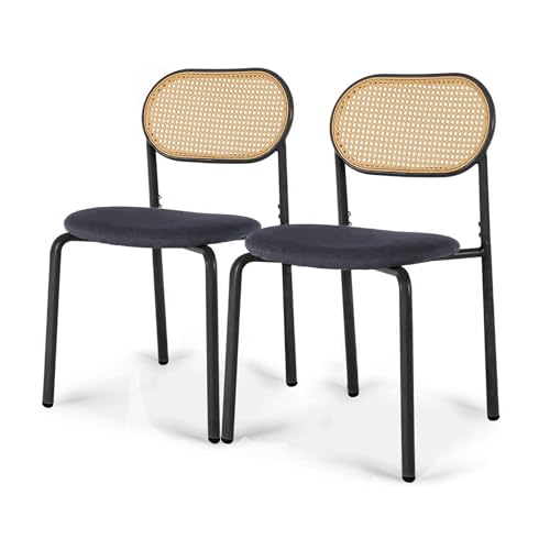 Henunem Esszimmerstühle 2er Set mit Rattan-Rückenlehne, Moderne Küchenstühle mit Metallbeine, Gepolsterte Stühle für Esstisch und Essbereich, Polsterstuhl Holzfarbe von Henunem