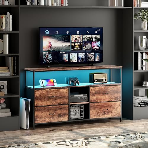 Henunem LED TV Schrank, Lowboard Fernsehschrank für kleinere Fernseher, TV-Tisch,LED-Farbwechsel 108cm Fernsehtisch mit offenem Stauraum und 4 Schubladen,TV Möbel, TV-Regal (Braun, 108x30x78cm) von Henunem