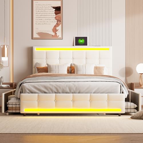 Henunem Polsterbett 140x200, LED Bett mit USB Typ C Ladefunktion und 4 Stauraum Schubladen, Bett Jugendbett Stauraumbett Funktionsbett Rückenlehne Bettgestell mit Holz Lattenrost, Ohne Matratze von Henunem