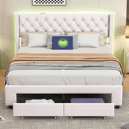 Henunem Polsterbett 160x200 cm mit 2 Stauraum Schublade,Doppelbett, LED Kopfteil mit USB Ladefunktion, Rückenlehne Bett mit Stauraum und Lattenrost, Stauraumbett, Ohne Matratze (Beige-151, 160x200cm) von Henunem