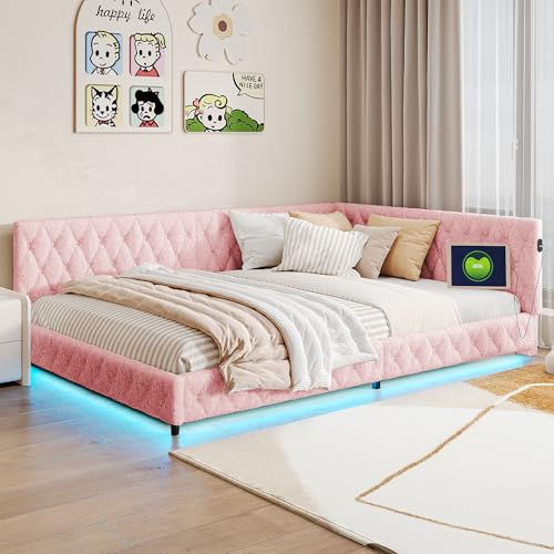 Henunem Polsterbett Schlafsofa 140x200 mit LED und USB-Anschluss,Tagesbett Daybett Bett Sofa Gästebett Jugendbett Couchbett, Bettgestell mit Lattenrost, ohne Matratze (Rosa-Teddystoff) von Henunem