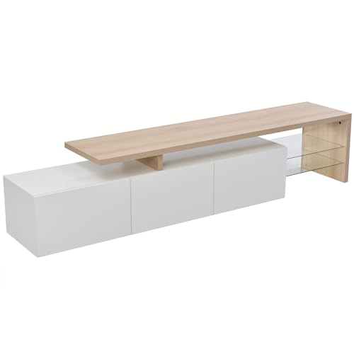 Henunem TV Schrank Lowboard 200 cm mit LED-Beleuchtung, Hochglanz weiß und Natur Holzmaserung, Modernes TV-Board, Fernsehtisch, mit 2 Glasböden und 3 Schubladen, für Wohnzimmer von Henunem