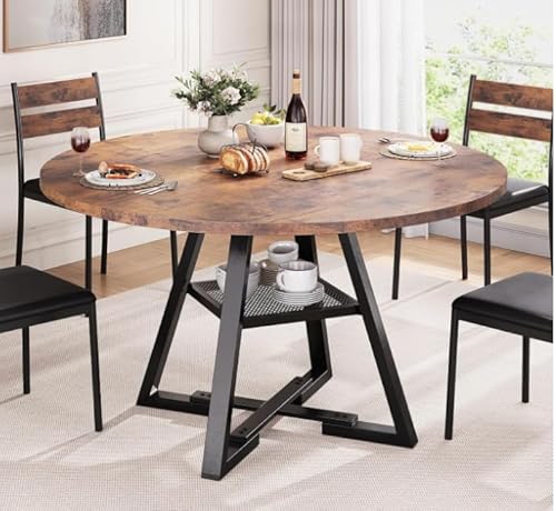 Runder Esstisch 4-6 Personen Holz 120cm Tisch Rund Küchentisch Esszimmertisch Esstische mit 1 Offenen Ablagen für Esszimmer, Küche, Wohnzimmer, Dunkel + Khaki (120×75m) von Henunem