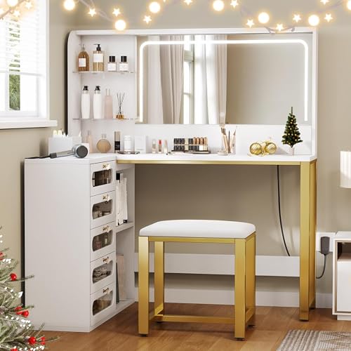 Schminktisch mit LED Beleuchtung und Hocker, 3 Farben mit Einstellbarer Helligkeit,Kosmetiktisch mit Großem Spiegel, Frisiertisch mit 5 Schubladen und 2 Offenen Regalen, Modern Weiß (78 x120 x 135cm) von Henunem