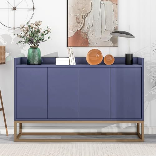 Sideboard mit 4 Türen, Griffeloser Buffetschrank,Standschrank mit Gold Farben Beine Sideboard, Moderner Stauraum-Kabinet für Schlafzimmer,Wohnzimmer, Esszimmer und Küche, Blau, 120 x 30 x 80 cm von Henunem