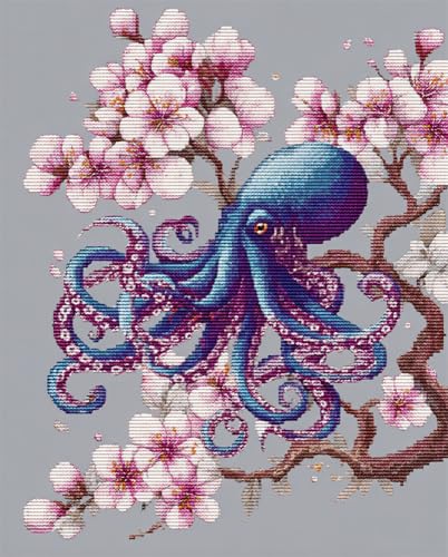 Henypt Kreuzstich Set Vorgedruckt Oktopus Und Blumen C Stickvorlagen Stickbilder Vorgedruckt Kreuzstich Stickpackungen Stickpackung Cross Stitch Embroidery Kit Stickset Sticken Set Erwachsene Anfän von Henypt