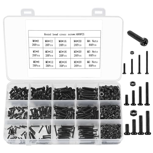 480-teiliges Schrauben- und Muttern-Set, M2/M3/M4 Rundkopfschrauben aus Kohlenstoffstahl, Flachkopfschrauben, Sechskantschrauben und Muttern, Kreuzschlitzschrauben-Sortimentsset von Heozhuyi