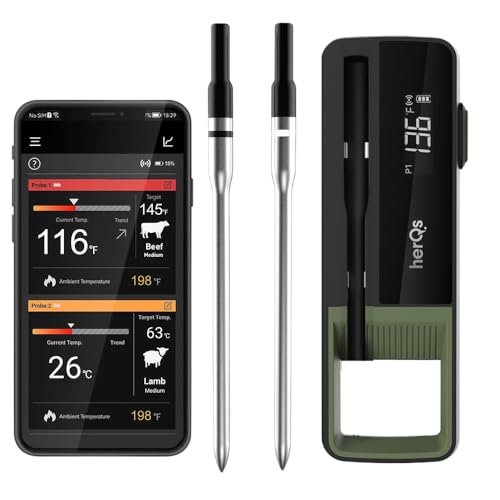 HerQs Double Max Grillthermometer, Digitales Bluetooth Fleischthermometer, Mit App und Temperaturalarm bis zu 300°C, 170m Bluetooth Meater - Für Grill, Ofen, Pfanne, Heißluftfritteuse - 2 Sonden von HerQs